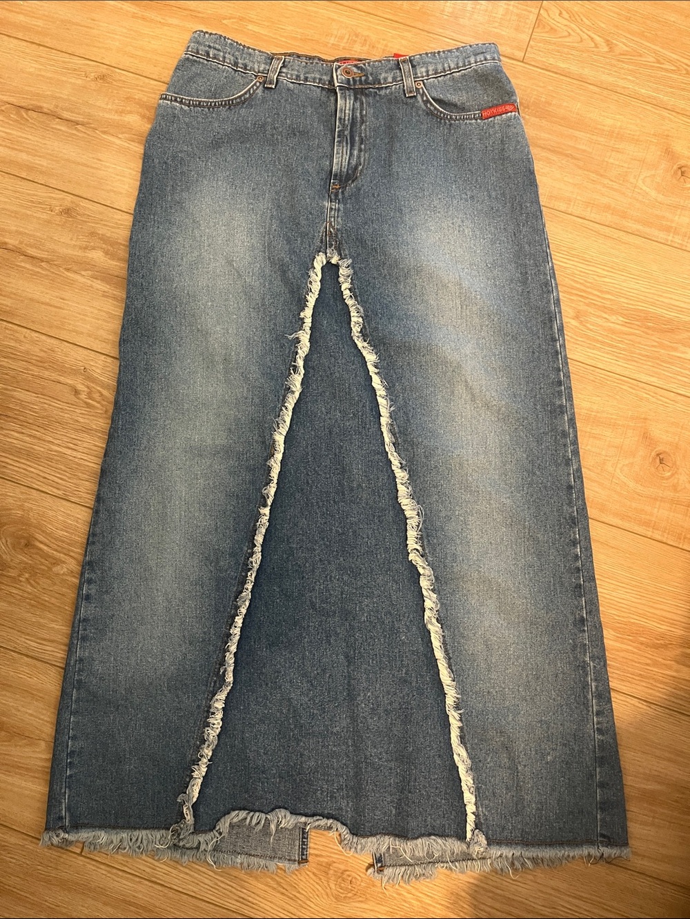 Vintage Y2K Hot Kiss denim maxi skirt with raw edge hems